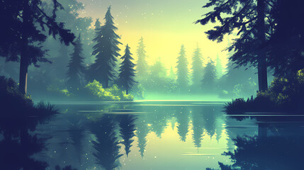 A serene view of a misty forest reflecting in tranquil water, surrounded by lush greenery and the ambiance of nature. Dream Forest. Illustration
