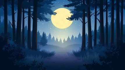 A tranquil forest under a glowing moon, showcasing tall trees and a misty path, perfect for evoking a sense of mystery and calm. Dream Forest. Illustration