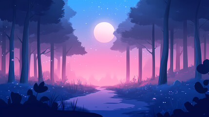 A tranquil forest under a glowing moon, showcasing tall trees and a misty path, perfect for evoking a sense of mystery and calm. Dream Forest. Illustration