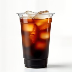 Clear plastic cup with cold brew coffee, ice cubes. Drink dark brown, refreshing. Great drink for hot day. Perfect for take-away on-the-go. Refreshing cold brew coffee drink in disposable cup. Iced