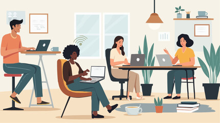 Modern office setting with four individuals working on laptops, surrounded by plants and organized decor, including a hanging light and a bookshelf, promoting a productive work environment