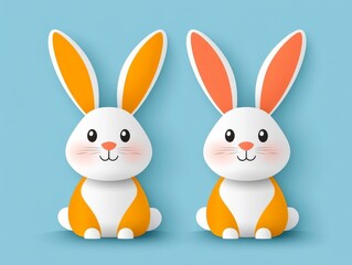 Fototapeta premium Pair of smiling orange and white bunnies with cheerful expressions, standing on a light blue background, showcasing playful friendship and joyful seasonal themes