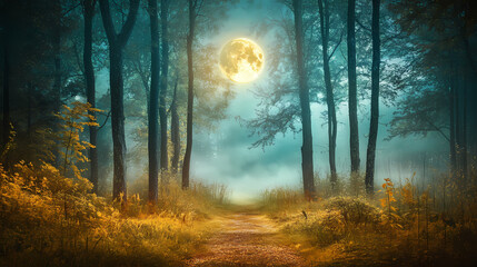 A tranquil forest under a glowing moon, showcasing tall trees and a misty path, perfect for evoking a sense of mystery and calm. Dream Forest. Illustration