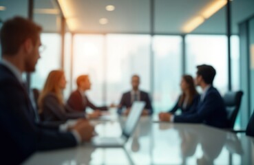Business people sit in boardroom during meeting. Blurred images suggest discussion, collaboration in modern office environment. Business professionals, possibly directors, executives, engaged in