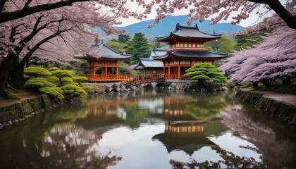 Naklejka premium Pagoda by a pond with blossoming sakura in spring