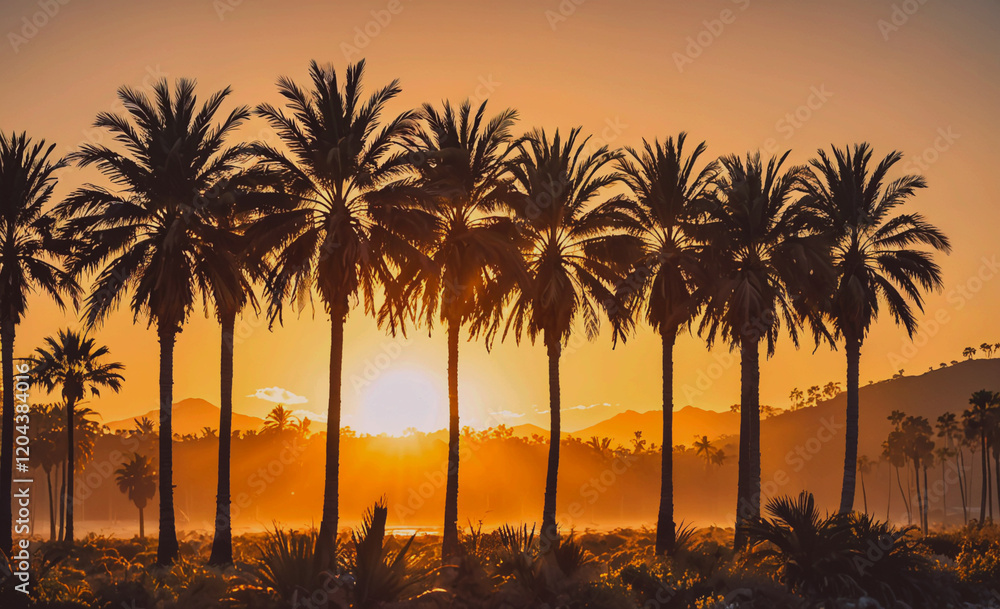 Aufkleber row of palm trees are silhouetted against a beautiful sunset. the sun is setting behind the trees, c