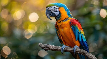 Beautiful closeup of a multi colored parrot sitting on a branch in blur background