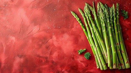Perfect pattern of asparagus isolated on red background