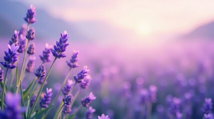 Obraz premium Serene Lavender Field at Dawn A Soft Focus Image of Blooming Purple Flowers, Vibrant Colors and Gentle Light