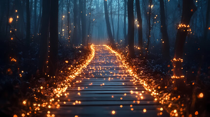 Enchanted pathway illuminated with glowing lights forest nature scene mystical atmosphere night view fantasy concept. Dream Forest. Illustration