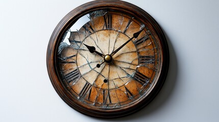 Cracked wall clock with broken glass and stopped hands