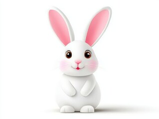 Obraz premium Charming white bunny with pink ears sitting upright against a neutral background, showcasing a minimalist and elegant design, ideal for serene animal illustrations or Easter visuals