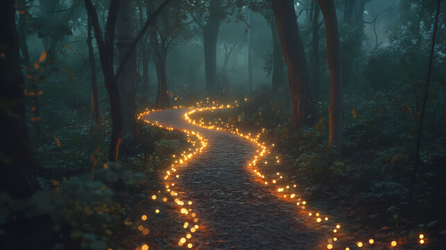 Enchanted pathway illuminated with glowing lights forest nature scene mystical atmosphere night view fantasy concept. Dream Forest. Illustration