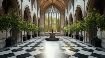 Obraz premium Gothic architecture, A high-fidelity rendering of a Gothic castle courtyard, showcasing detailed architecture in a realistic style, perfect for visual projects.