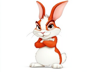 Fototapeta premium Mischievous cartoon bunny with a sly grin and crossed arms, showcasing playful and humorous character design, ideal for children’s stories, animated themes, or fun graphic illustrations