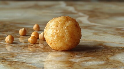 Closeup of a potato ball placed near chickpeas on marble surface