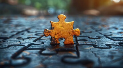 A yellow colored single puzzle piece resting on a flat surface full puzzle pieces