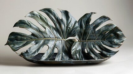 A black and white portrait of a leaf placed on a tray against light background