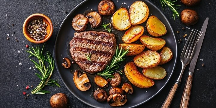 Juicy grilled ribeye steak, seared mushrooms, roasted lemon slices, rosemary sprigs, cast iron skillet, rustic wooden table, moody lighting, food photography, high contrast, mouthwatering, gourmet cui
