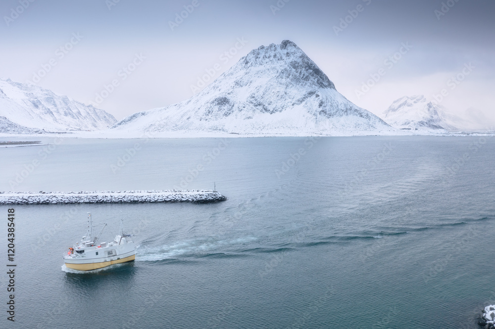 Wall mural fishing boat in the fjord. aerial view of lofoten islands, norway. industrial fishing. view from a d