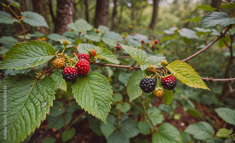 Aufkleber branch of a tree with a few black and red berries on it. the berries are ripe and ready to be picked