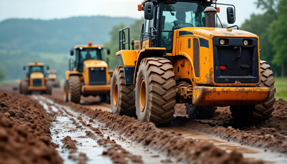 Heavy machinery works on muddy construction site. Earth-moving equipment like tractors creates infrastructure. Progress evident in groundwork. Muddy terrain shows project in action. Large tires of