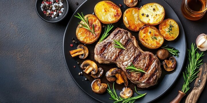 Juicy grilled ribeye steak, seared mushrooms, roasted lemon slices, rosemary sprigs, cast iron skillet, rustic wooden table, moody lighting, food photography, high contrast, mouthwatering, gourmet cui