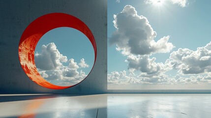 A wall with a ed hole in it standing in front of cloudy sky