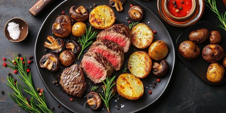 Juicy grilled ribeye steak, seared mushrooms, roasted lemon slices, rosemary sprigs, cast iron skillet, rustic wooden table, moody lighting, food photography, high contrast, mouthwatering, gourmet cui