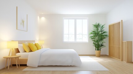 Minimalist Modern Bedroom Studio Bright Sunlight - Bright, airy bedroom with minimalist design, natural light, wooden accents, and a calming atmosphere.  Clean lines, simple decor, and peaceful ambian