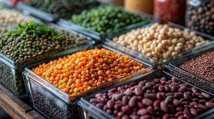An assortment of variety of colorful lentils placed on separate containers