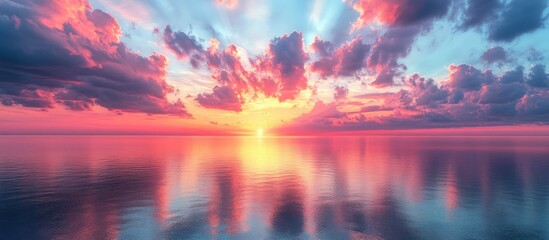 Vibrant sunset over calm ocean waters, reflecting colorful sky.