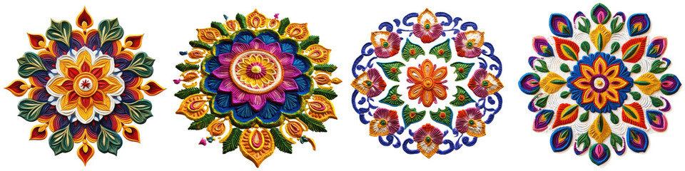 Rangoli design – Colorful floor art made with powders, flowers, or rice, created to welcome guests and gods during Indian festivals. Isolated on Clear White Background Highly Detailed