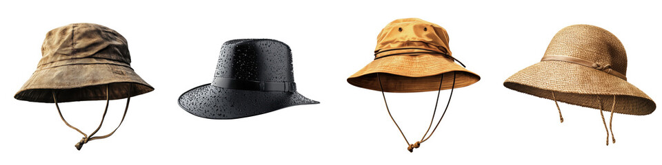 Rain hat – A hat designed to protect the head from the rain while keeping it dry. Isolated on Clear White Background Highly Detailed