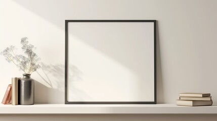A large black frame mockup leaning against the wall on an empty white shelf, with a blank picture inside. 