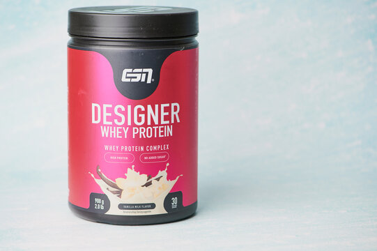 Mainz, Germany - January 18, 2025: protein container showcase vanilla flavor by company ESN