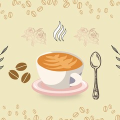 Cup of Coffee, Coffee Beans, Dessert Spoon, and Flower Illustration Vector. Morning Greeting Card for Social Media