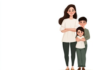 Fototapeta premium Mother holding children lovingly in an intimate family moment, symbolizing nurturing bonds, warmth, and care in a serene modern vector style for premium lifestyle stock visuals