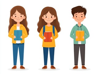 Obraz premium Sibling group of two sisters and brother holding books, ready for back to school season, dressed in bright casual outfits, embodying youthful energy in vibrant illustration for education concept