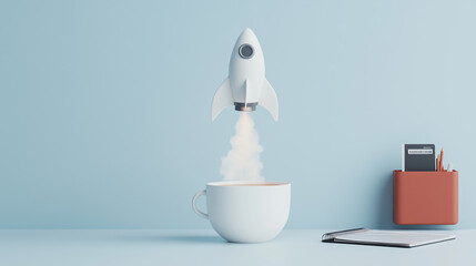 A whimsical scene showing a small rocket launching from a steaming white coffee cup, placed on a blue surface with a notebook and office organizer nearby.