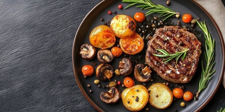 Juicy grilled ribeye steak, seared mushrooms, roasted lemon slices, rosemary sprigs, cast iron skillet, rustic wooden table, moody lighting, food photography, high contrast, mouthwatering, gourmet cui