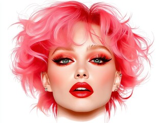 Fototapeta premium Dramatic close up portrait of a woman with vibrant pink hair and bold makeup, exuding confidence and creative flair, captured in a vivid, high energy digital illustration for artistic expression