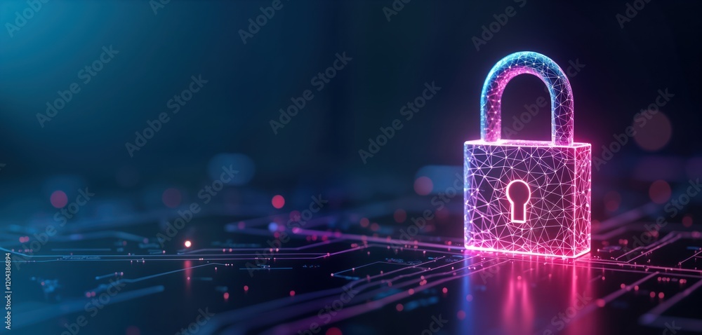 Poster futuristic neon padlock glows on tech circuit board. secure data protection concept. cybersecurity i