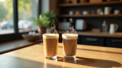 Two steaming cups of latte art coffee on a wooden table in sunlight near a window