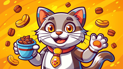 A joyful cat mascot holding a cup of coffee, waving at the camera with a warm smile, with a vibrant background showing coffee beans and tools -