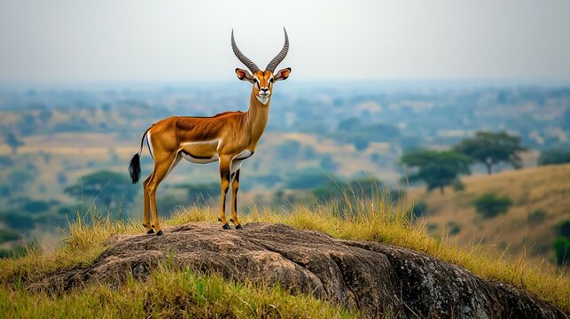 Uganda kob atop rock surveys savanna landscape.