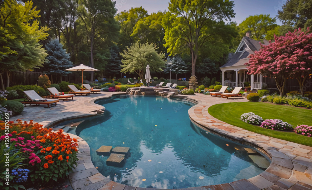 Poster Large pool with a white house in the background. The pool is surrounded by a lot of trees and flowers