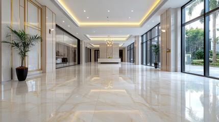 Fototapeta premium Luxurious building lobby interior design, spacious hall with marble floors and large windows overlooking a garden