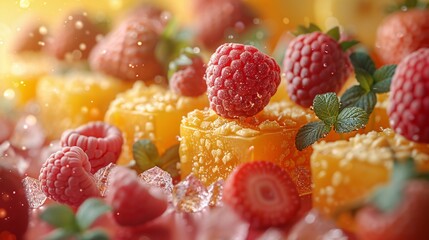 Closeup of orange blocks covered by fresh raspberries in blur background