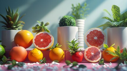 Beautiful portrait of fresh citrus fruits placed in front of small flowers plants against grey background
